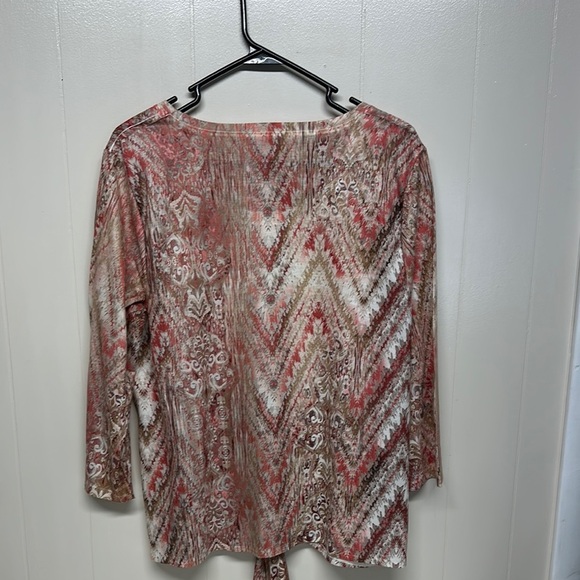 Chico's Pink and Cream 3/4 Sleeve Tie Front Blouse - Picture 4 of 10